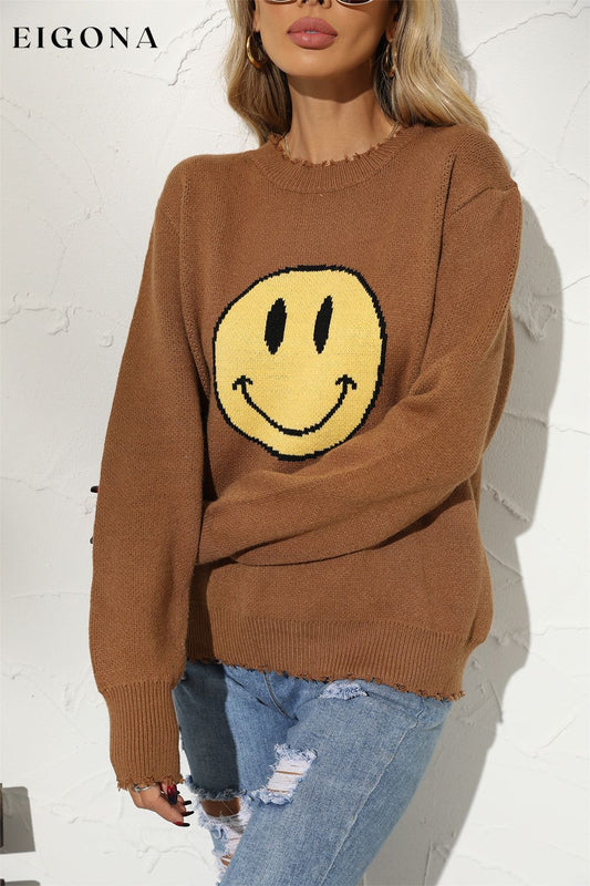 Round Neck Long Sleeve Smily Face Graphic Sweater Taupe clothes Ship From Overseas sweater top trend Y.S.J.Y