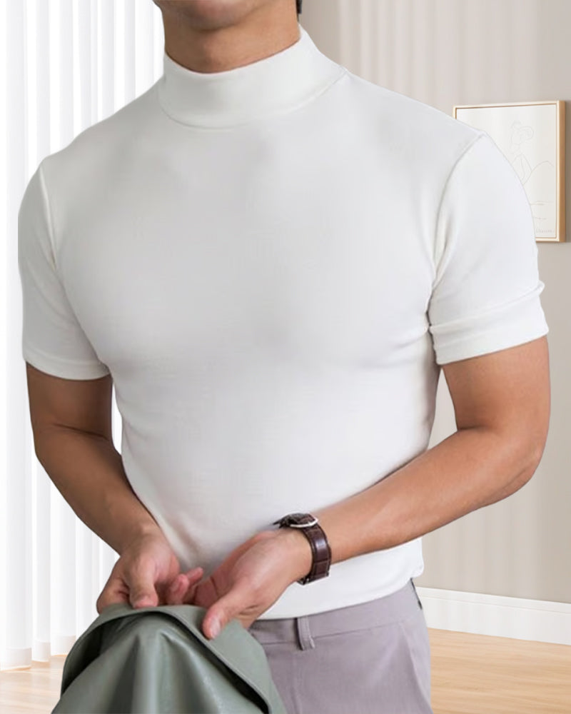 High Collar Solid Color Short Sleeve T-Shirt