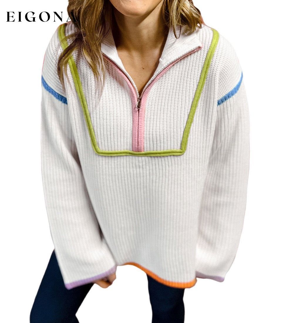 White Colorful Edge Quarter Zip Drop Shoulder Sweater All In Stock clothes Occasion Daily Print Solid Color Season Winter Style Southern Belle Sweater sweaters