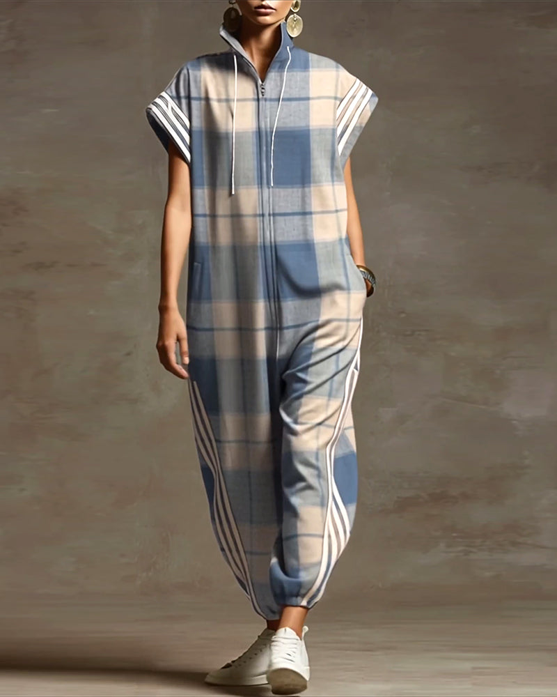 Plaid Stand Collar Zipper Loose Jumpsuit
