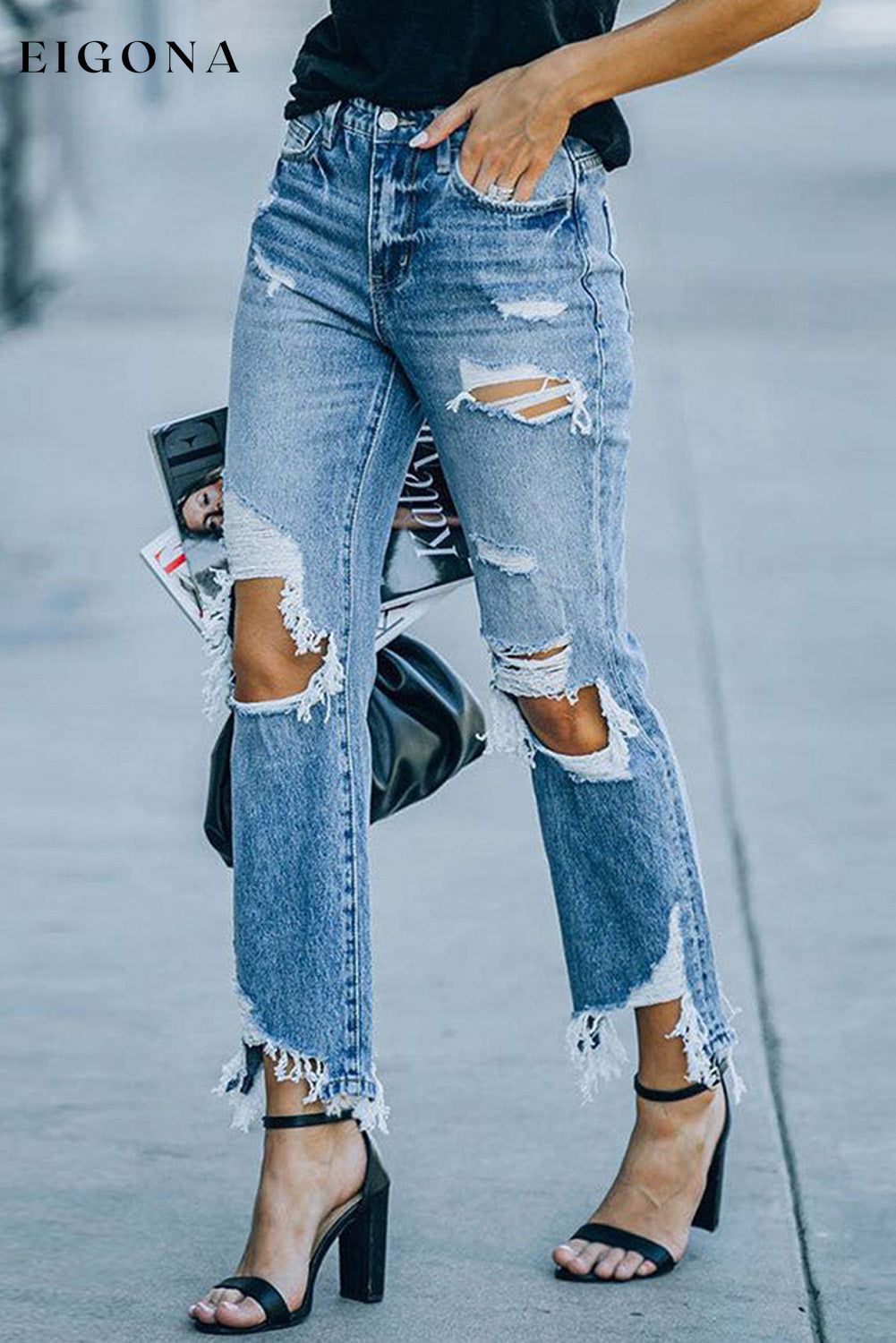 Sky Blue Ripped Knee Hole High Waist Jeans All In Stock Best Sellers bottoms clothes Craft Distressed Early Fall Collection Fabric Denim Hot picks jeans Occasion Daily pants ripped knee Season Spring Style Casual