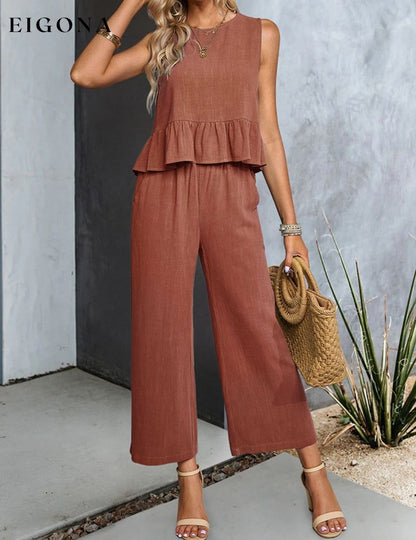 Decorative Button Ruffle Hem Tank and Pants Set clothes DY sets Ship From Overseas trend