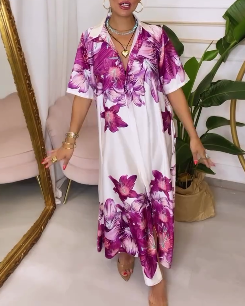 Lapel and elbow sleeve printed loose dress casual dresses summer