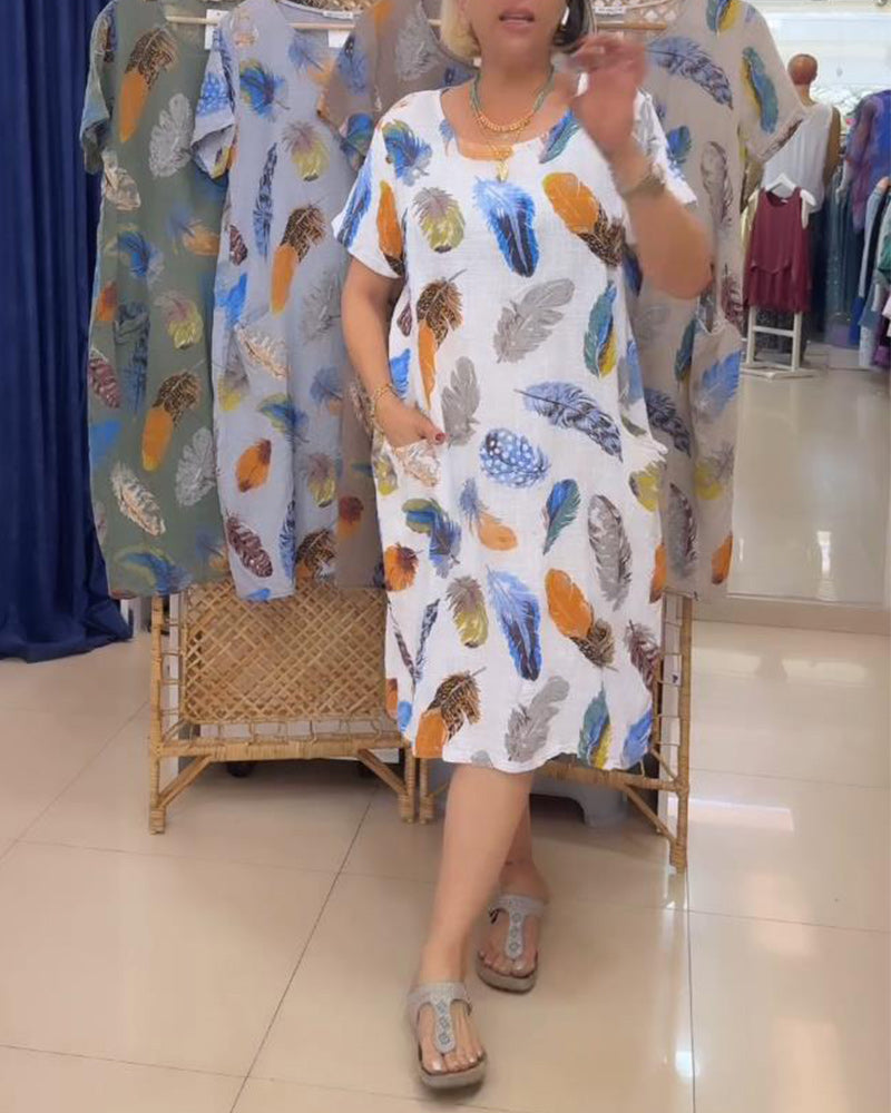 Crew neck feather print dress 202466 casual dresses summer