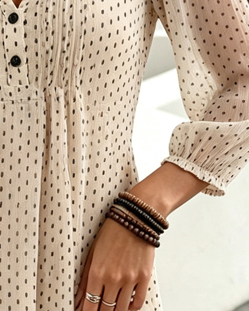 V-Neck Waist-Cinching Polka Dot A-Line Dress