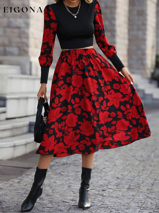 Round Neck Lantern Sleeve Floral Print Top and Skirt Set Red 2 pieces clothes Hanny set Ship From Overseas Shipping Delay 09/29/2023 - 10/04/2023 trend