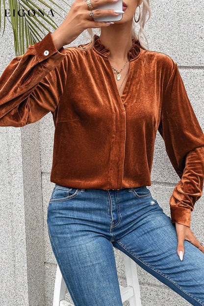 Gold Flame Frilled Collar Velvet Shirt All In Stock clothes Color Orange Fabric Velvet long sleeve shirt long sleeve shirts long sleeve top long sleeve tops Print Solid Color Season Winter shirt shirts Style Southern Belle top tops Tops/Blouses