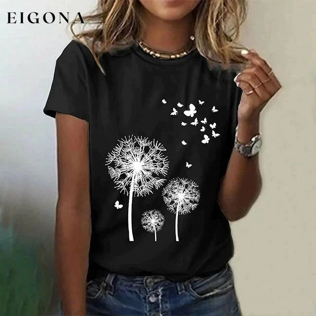 Dandelion Print Casual T-Shirt Black best Best Sellings clothes Sale tops Topseller