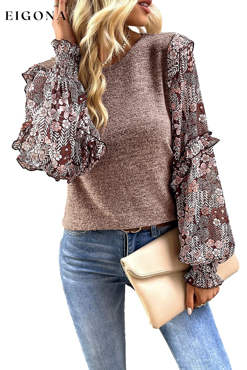 Pale Chestnut Ruffle Tiered Floral Sleeve Crew Neck Blouse All In Stock clothes Detail Ruffle Hot picks long sleeve shirt long sleeve shirts long sleeve top long sleeve tops Occasion Daily Print Floral Season Winter shirt shirts Style Elegant top tops Tops/Blouses