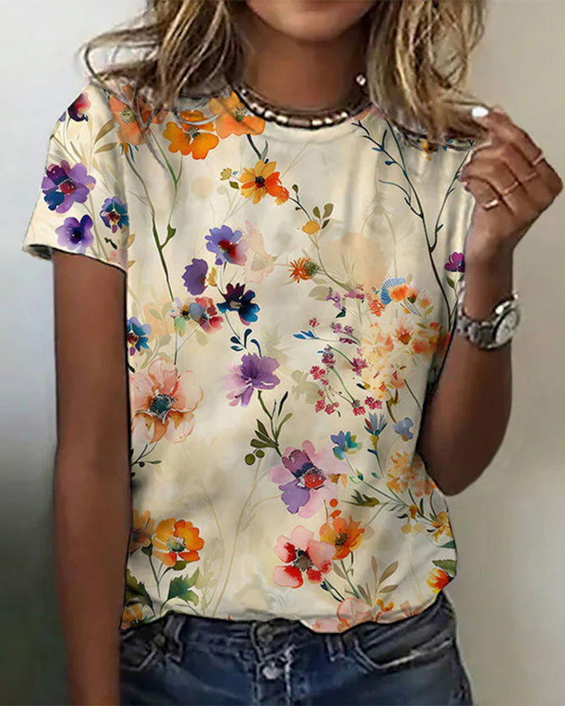 Round-neck Vintage Flower Print T-shirt