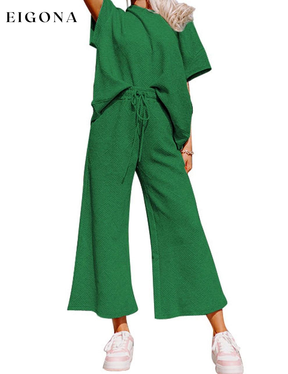 Dark Green Textured Loose Fit T Shirt and Drawstring Pants Set 2 pieces Best Sellers clothes EDM Homewear EDM Monthly Recomend Fabric Ribbed lounge wear Occasion Home pants set Print Solid Color Season Summer sets Silhouette Wide Leg Style Casual