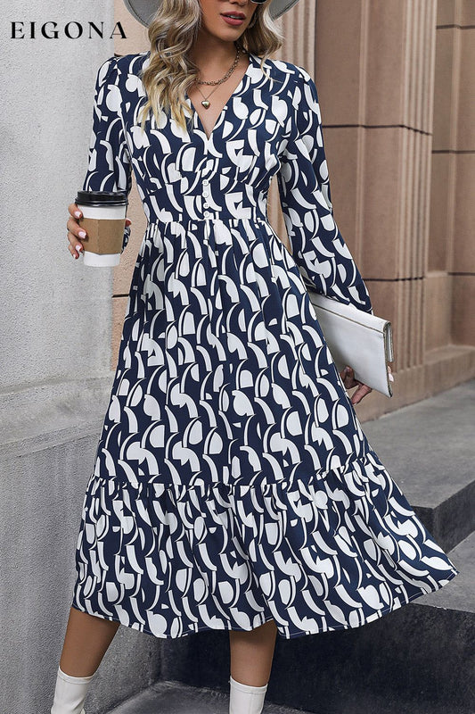 V-Neck Buttoned Long Sleeve Dress Navy casual dress casual dresses clothes dress dresses Hundredth maxi dress midi dress midi dresses Ship From Overseas