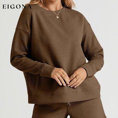 Double Take Full Size Texture Long Sleeve Top and Drawstring Shorts Set Chestnut Clothes Double Take lounge lounge wear lounge wear sets loungewear loungewear sets sets Ship from USA