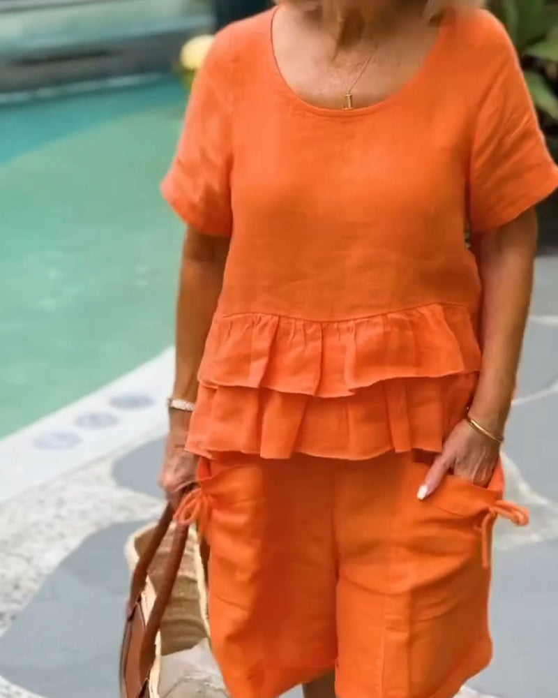 Ruffled Short Sleeve & Shorts Two-Piece Set