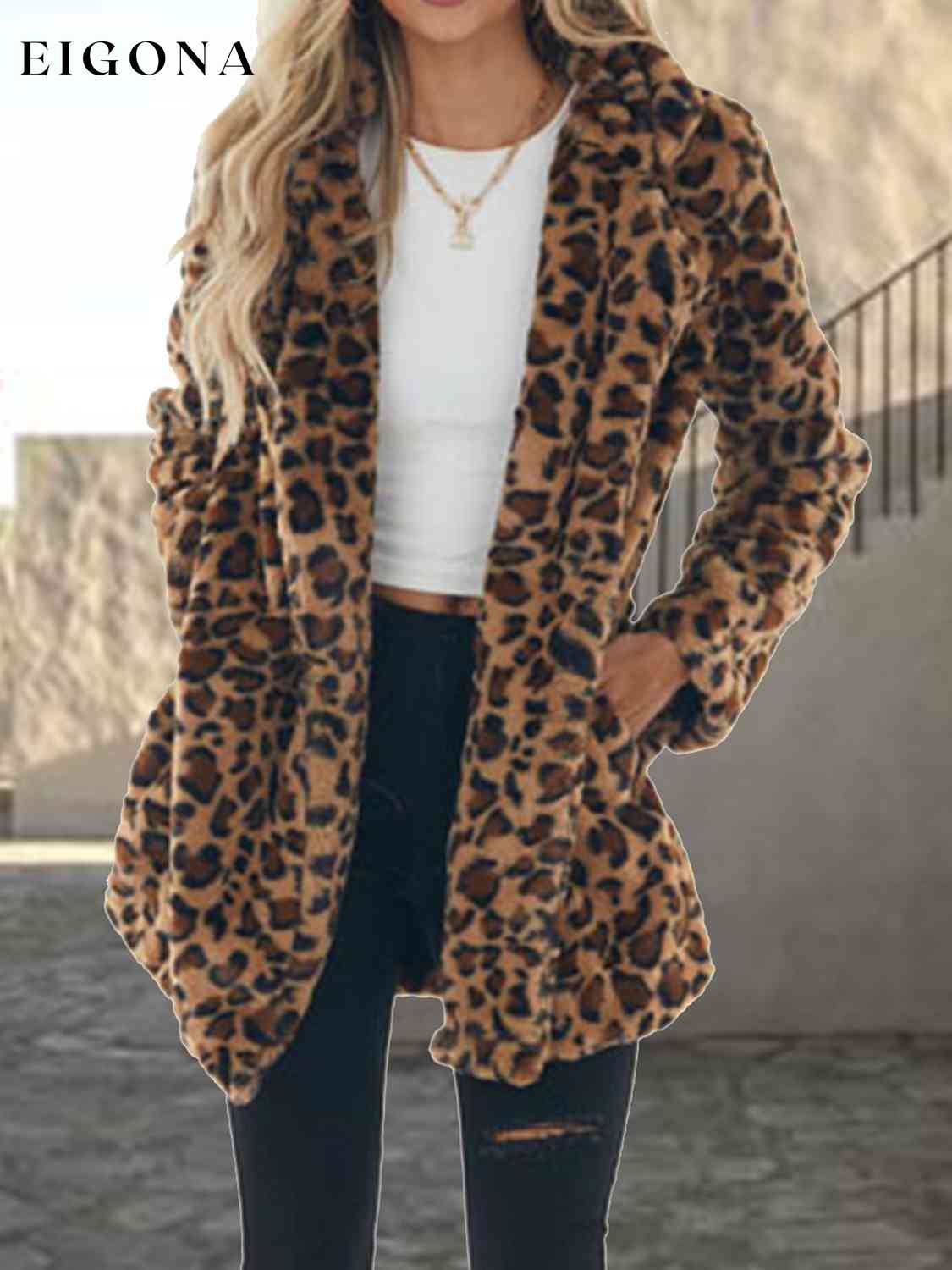 Leopard Collared Neck Coat with Pockets clothes Jackets & Coats P@S Ship From Overseas