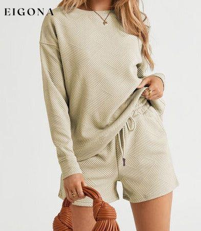 Double Take Full Size Texture Long Sleeve Top and Drawstring Shorts Set Pastel Yellow Clothes Double Take lounge lounge wear lounge wear sets loungewear loungewear sets sets Ship from USA