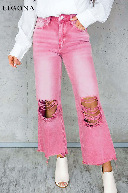 Peach Blossom Distressed Hollow-out High Waist Cropped Flare Jeans Peach Blossom 100%Cotton All In Stock Best Sellers bottoms clothes Color Pink Craft Distressed Craft Washed EDM Monthly Recomend Fabric Denim Jeans Occasion Daily Print Solid Color Season Spring Silhouette Wide Leg Style Southern Belle Women's Bottoms