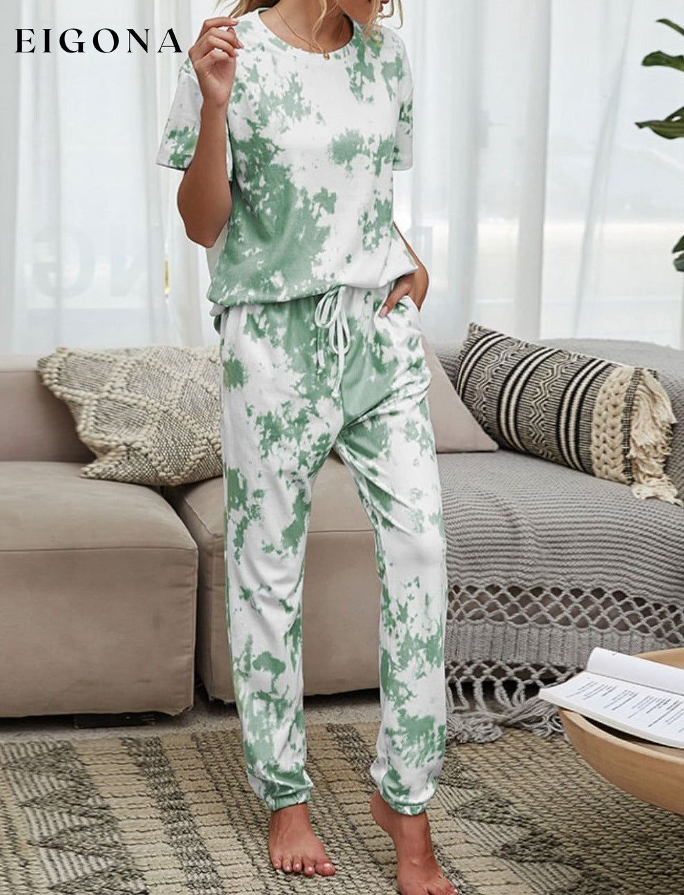 Tie-Dye Tee and Drawstring Waist Joggers Lounge Set Gum Leaf 2 piece clothes lounge lounge wear loungewear pajama pajamas Romantichut Ship From Overseas Shipping Delay 09/29/2023 - 10/04/2023