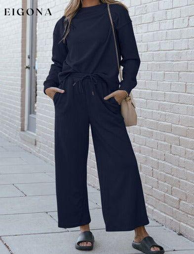 Double Take Full Size Textured Long Sleeve Top and Drawstring Pants Set Navy Clothes Double Take lounge lounge wear lounge wear sets loungewear loungewear sets sets Ship from USA
