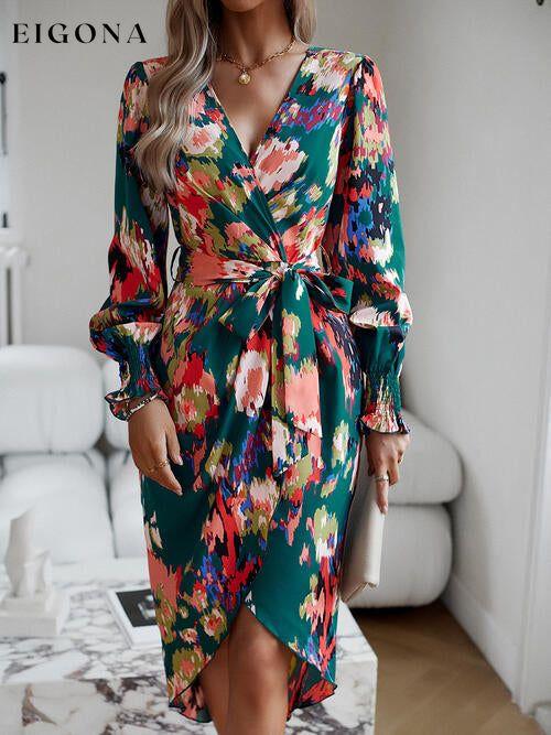 Printed Tie Front Lantern Sleeve Dress casual dress casual dresses clothes dress dresses DY long sleeve dress long sleeve dresses long sleve dresses Ship From Overseas