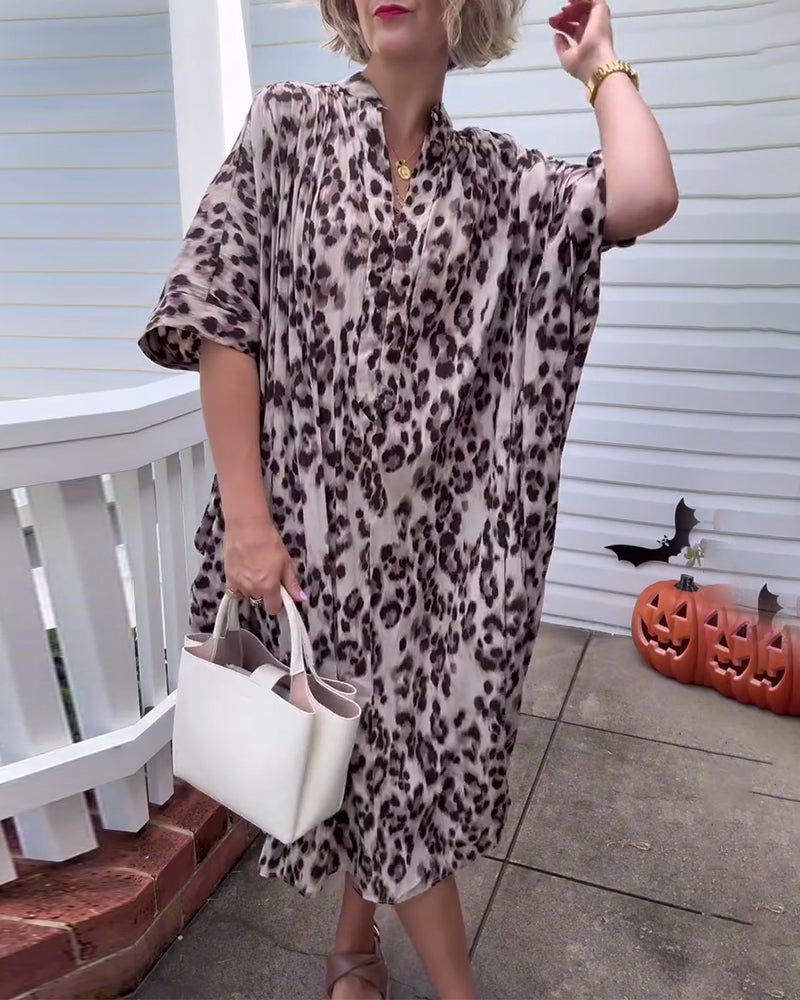 Half-Sleeved Stand-Up Collar Leopard Print Loose Dress