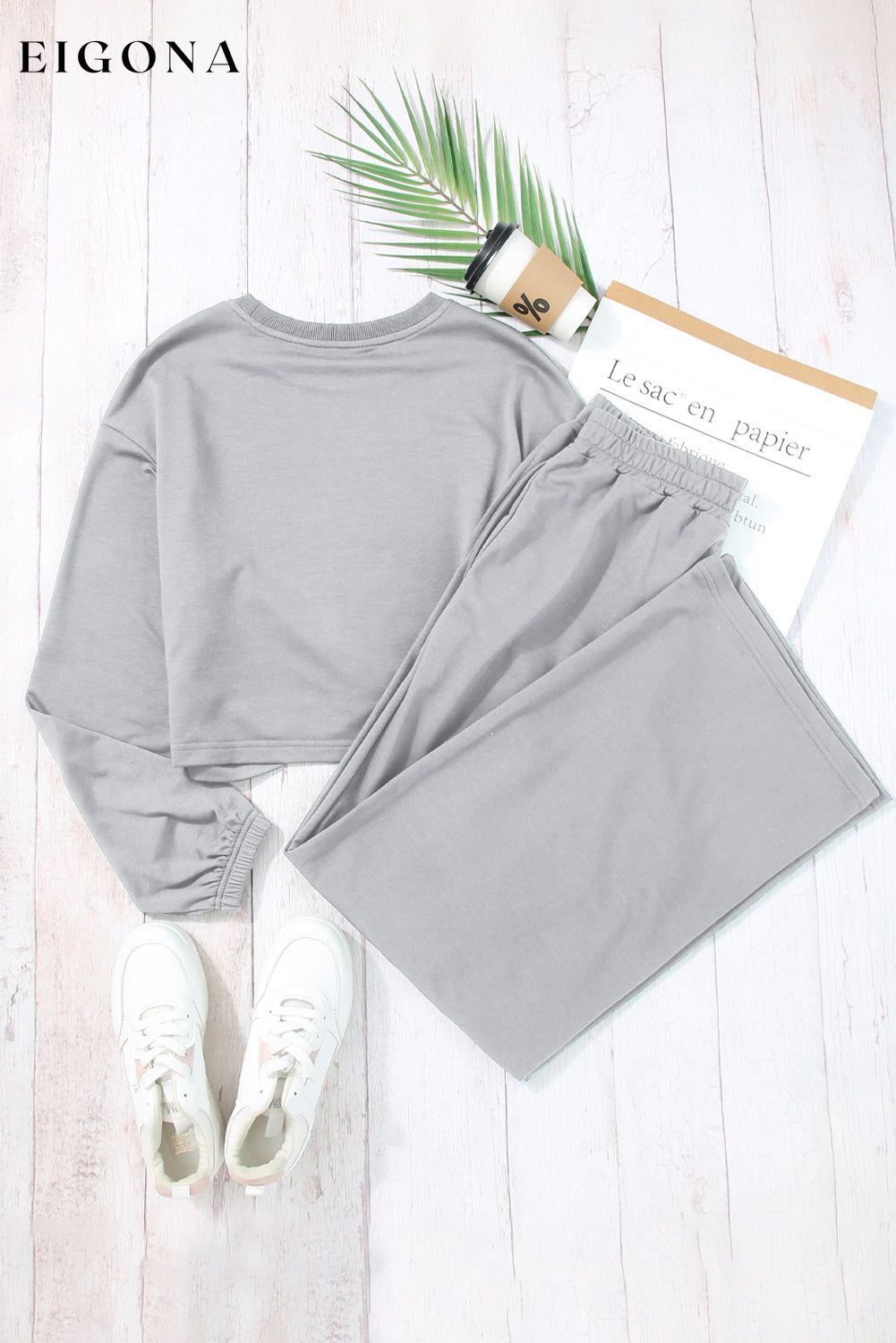 Light Grey Solid Criss Cross Crop Top and Pants Active Set Loungewear Activewear sets clothes EDM Monthly Recomend lounge lounge wear loungewear Occasion Home Print Solid Color Season Fall & Autumn set sets Silhouette Wide Leg Style Casual