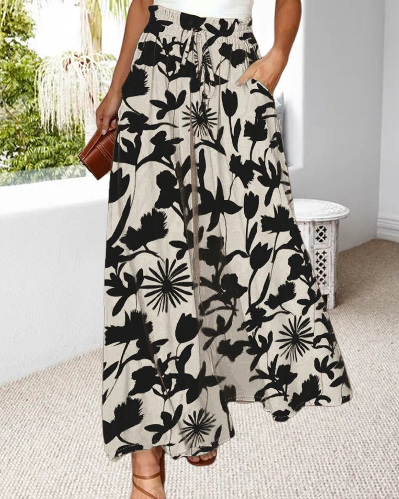 Floral print pocket tie wide-leg pants pants spring summer
