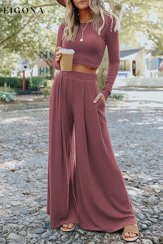Solid Color Ribbed Crop Top Long Pants Set Pink 65%Polyester+25%Viscose+10%Elastane 2 piece Best Sellers bottoms clothes crop top EDM Monthly Recomend Fabric Ribbed long pants set Occasion Daily Print Solid Color Season Winter set sets shirts Silhouette Wide Leg Style Casual