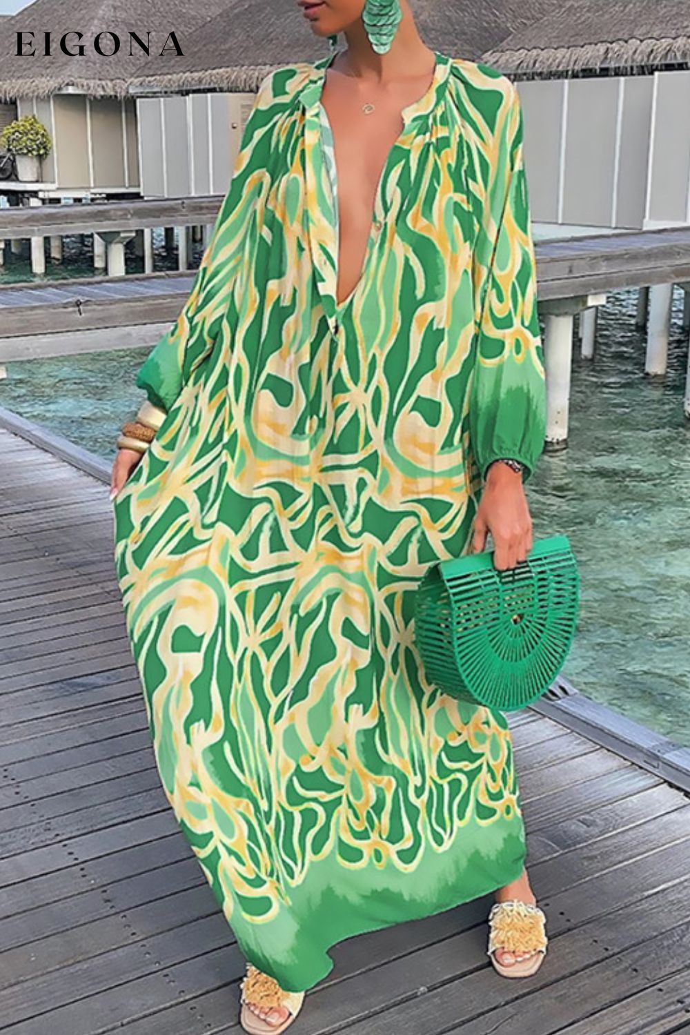 Green Abstract Print 3/4 Sleeve Midi Shirt Dress