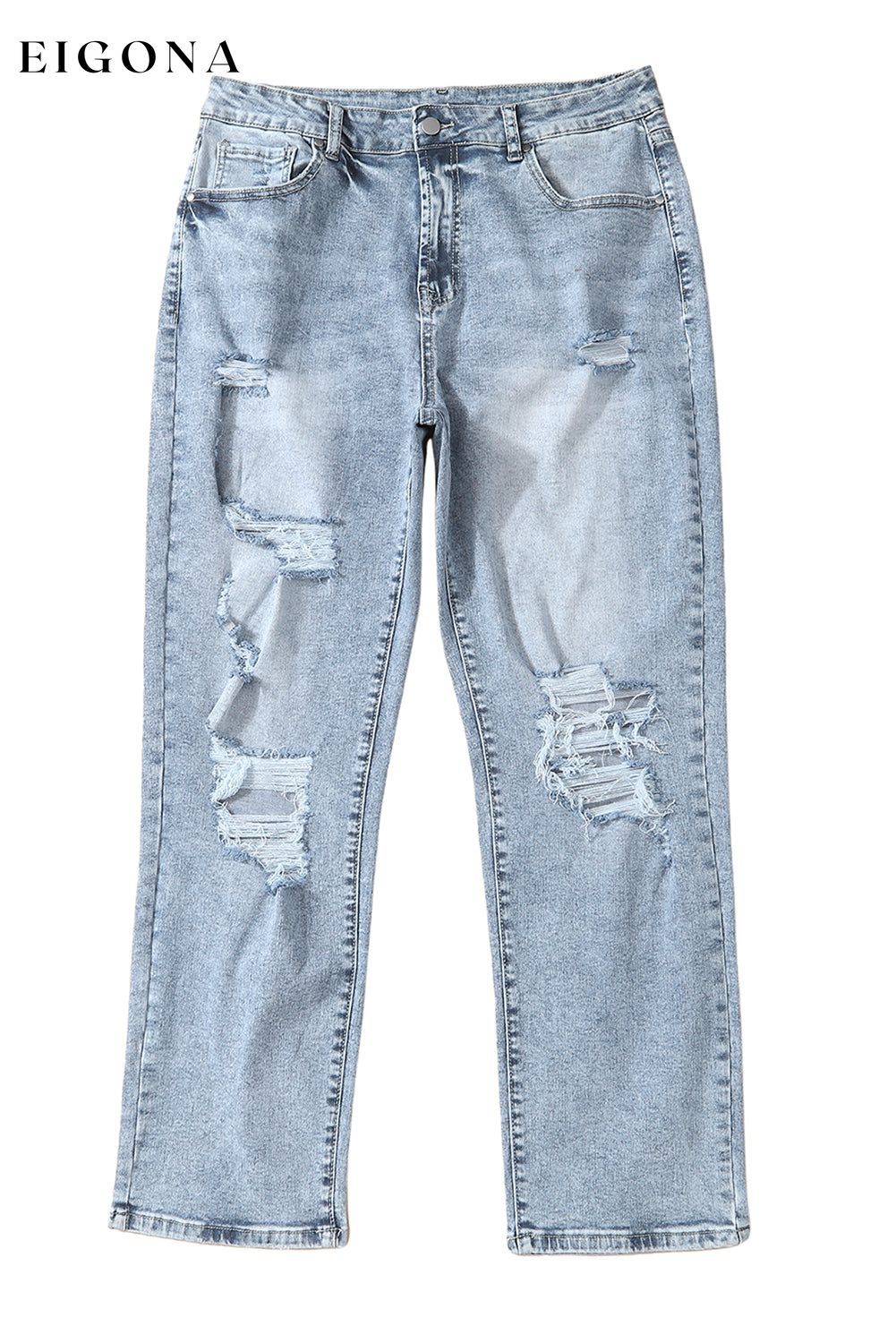 Sky Blue Light Wash Frayed Slim Fit High Waist Jeans All In Stock Best Sellers bottoms clothes Color Blue Craft Distressed Fabric Denim jeans pants ripped jeans Season Spring Style Western