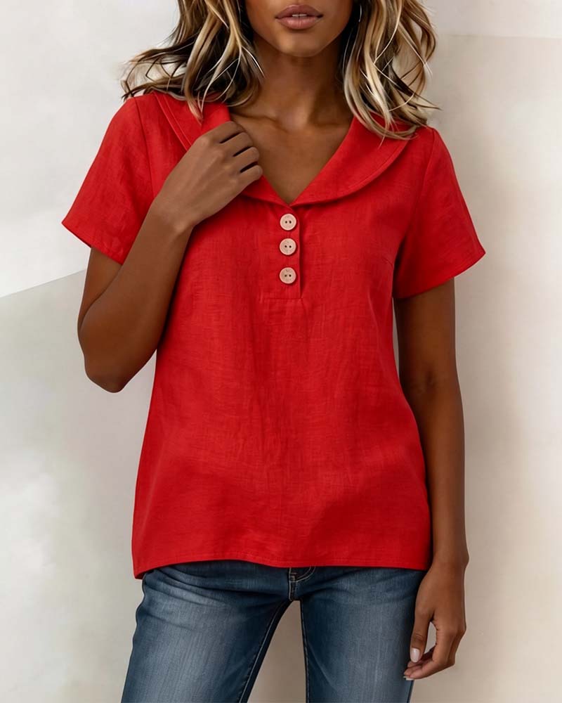 V Neck Peter Pan Collar Button Short Sleeve T-shirt