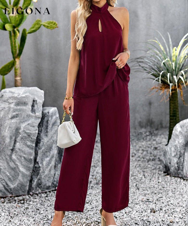Halter Neck Top and Straight Leg Pants Set Wine clothes DY sets Ship From Overseas trend