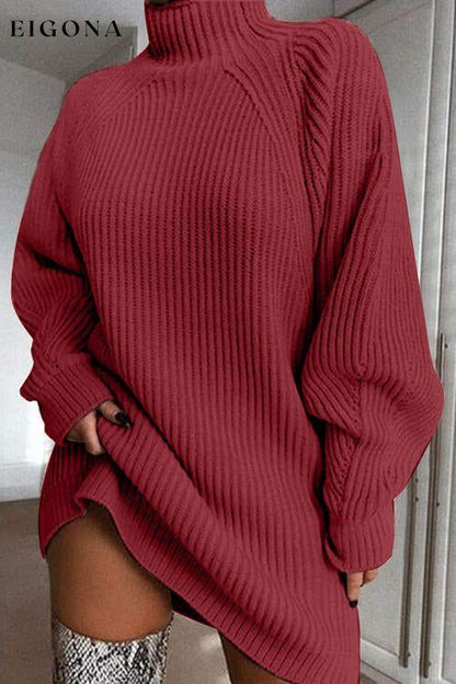 Turtleneck Long Sleeve Dropped Shoulder Sweater Dress Deep Red casual dresses clothes dress dresses long sleeve dress long sleeve dresses S.X Ship From Overseas Sweater sweaters