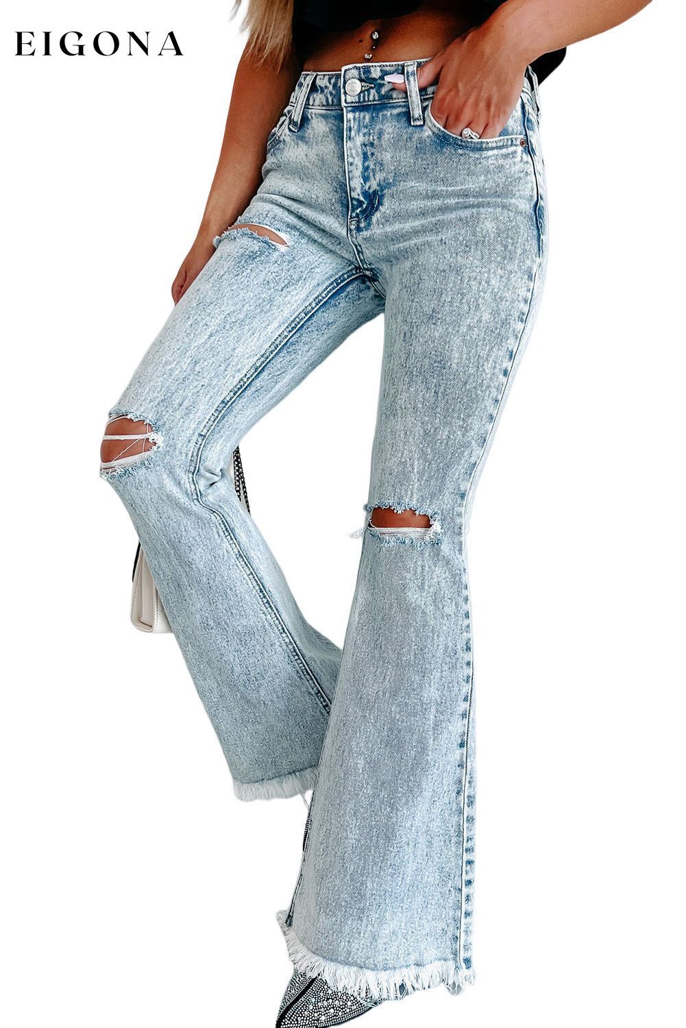 Sky Blue Distressed Acid Wash Flare Jeans All In Stock bottoms clothes Flare Jeans Jeans Season Fall & Autumn Season Spring Silhouette Wide Leg Style Modern