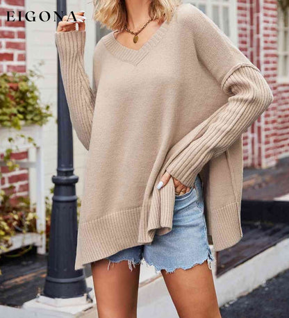 V-Neck Slit Exposed Seam Sweater Tan Cardigan clothes SF Knit Ship From Overseas Sweater Sweaters