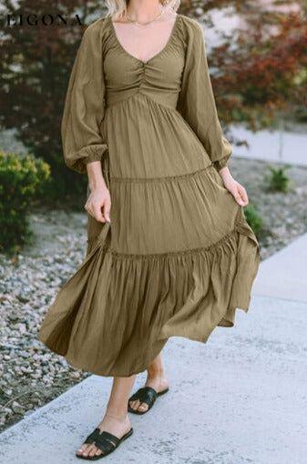 Ruched V-Neck Balloon Sleeve Tiered Dress casual dress casual dresses clothes clothing dress dresses long sleeve dresses midi dress Ship From Overseas SYNZ