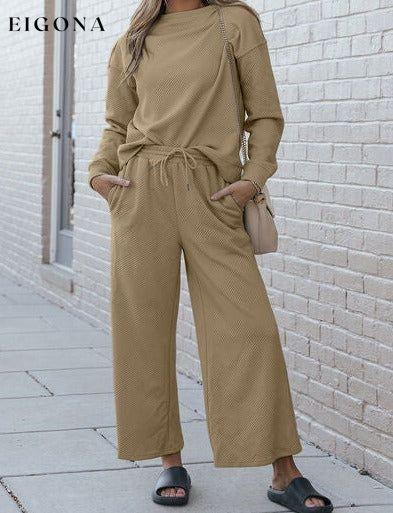 Double Take Full Size Textured Long Sleeve Top and Drawstring Pants Set Tan Clothes Double Take lounge lounge wear lounge wear sets loungewear loungewear sets sets Ship from USA