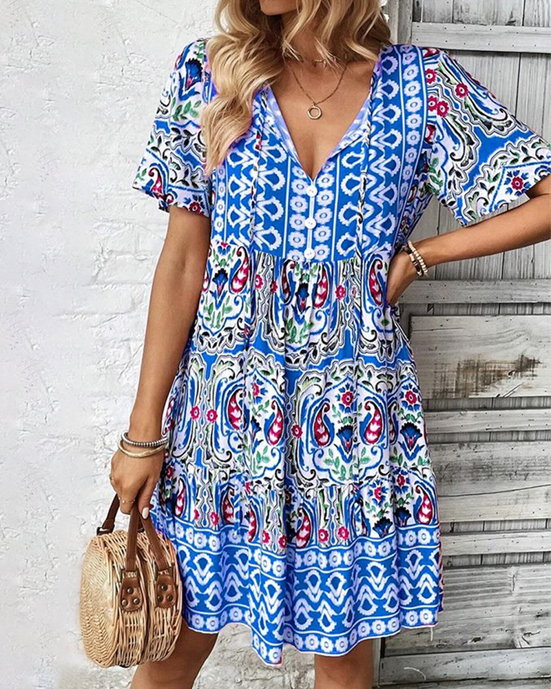 Ethnic style printed short-sleeve V-neck lace-up dress 202466 casual dresses summer