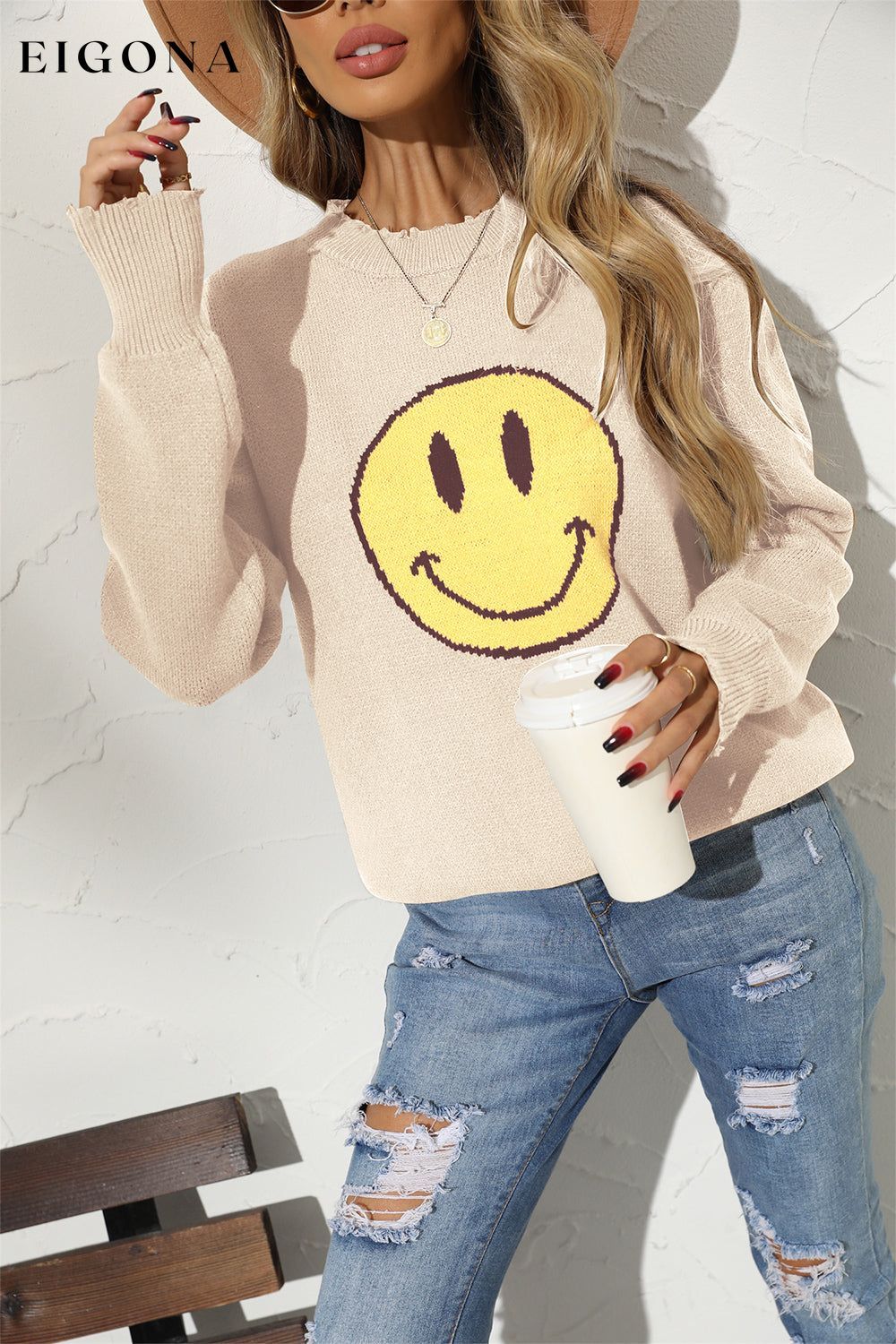 Round Neck Long Sleeve Smily Face Graphic Sweater clothes Ship From Overseas sweater top trend Y.S.J.Y