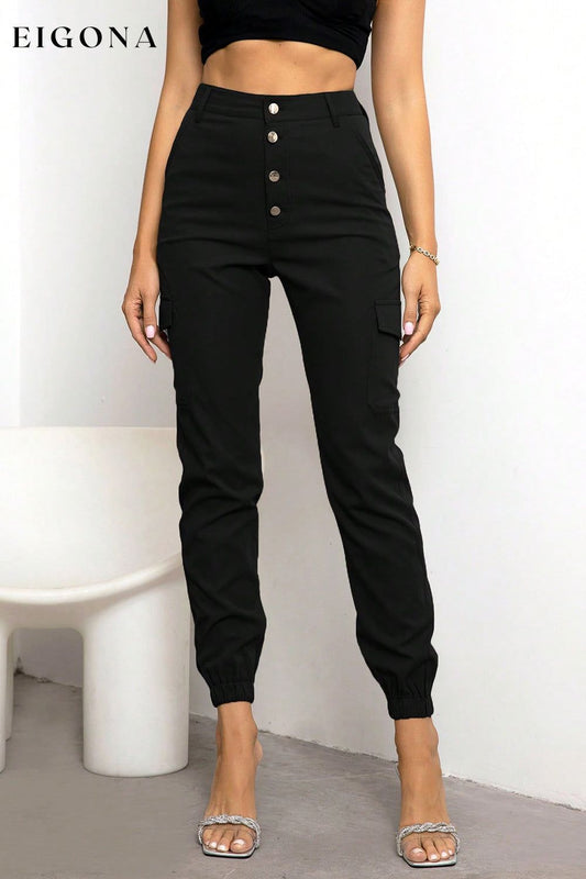Button Fly Cargo Pants Black bottoms clothes pants Ringing-N Ship From Overseas