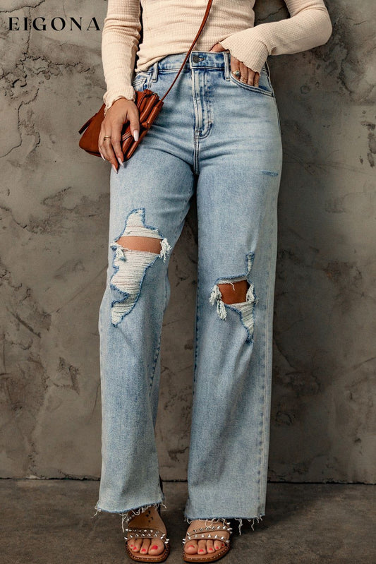 Sky Blue Distressed Frayed Hem Holed Straight Leg Loose Jeans Sky Blue 68%Cotton+21%Polyester+10%Viscose+1%Elastane All In Stock bottoms clothes DL Chic DL Exclusive Fabric Denim Jeans Occasion Daily pants Print Solid Color Season Fall & Autumn Season Spring Style Casual Women's Bottoms