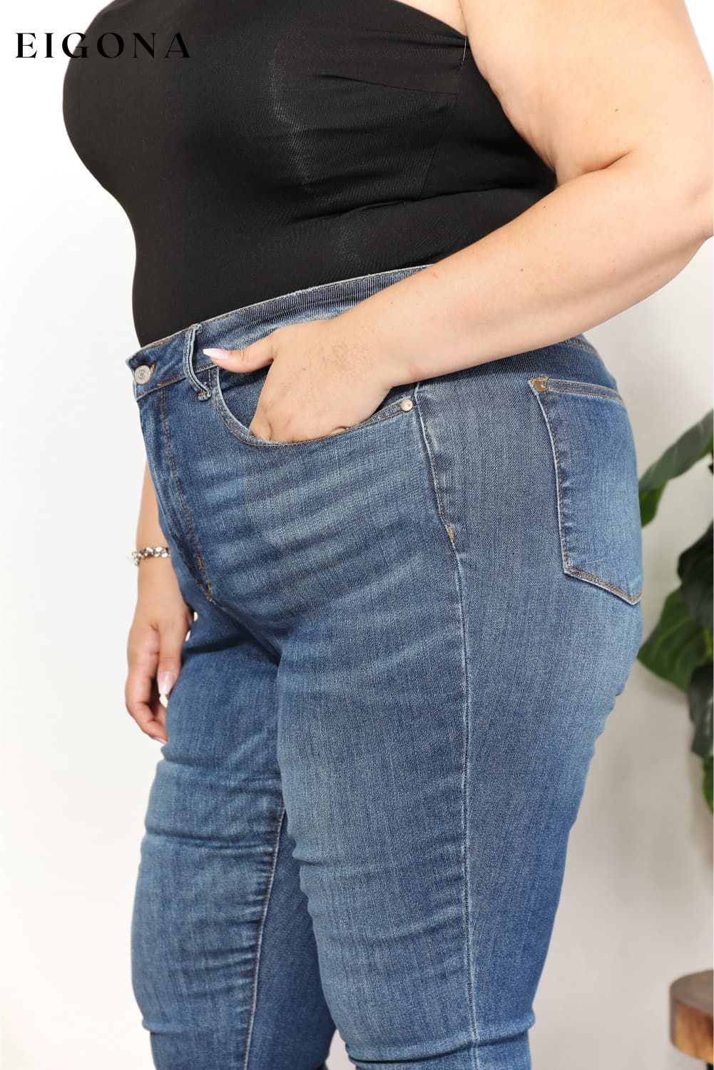 Full Size Tummy Control Side Slit & Fray Hem Skinny Jeans bottoms clothes Jeans Judy Blue Ship from USA Women's Bottoms