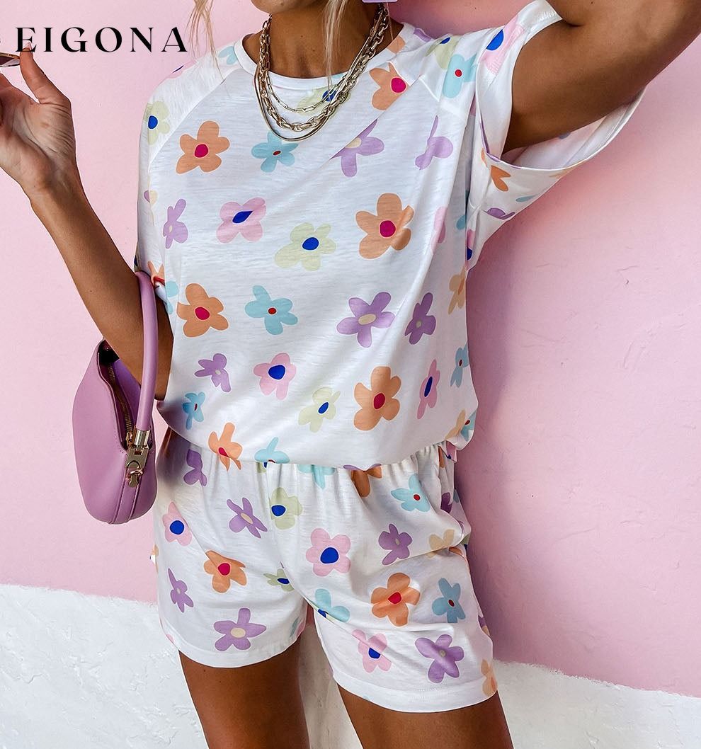 White Flower Print Short Sleeve High Waist Two Piece Shorts Set 2 pieces All In Stock clothes lounge wear loungewear Occasion Home Print Floral Print Vintage Floral Season Summer set short set Style Casual