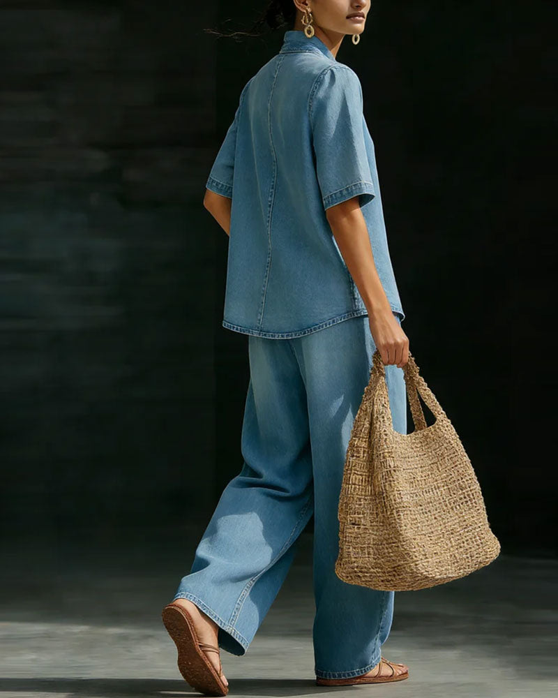 Washed Denim V-Neck Set