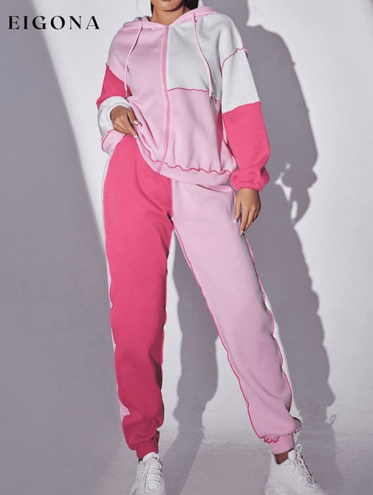 Exposed Seams Color Block Hoodie and Pants Set Carnation Pink clothes sets Ship From Overseas Shipping Delay 09/29/2023 - 10/03/2023 trend X&X