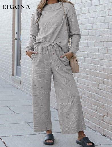 Double Take Full Size Textured Long Sleeve Top and Drawstring Pants Set Light Gray Clothes Double Take lounge lounge wear lounge wear sets loungewear loungewear sets sets Ship from USA