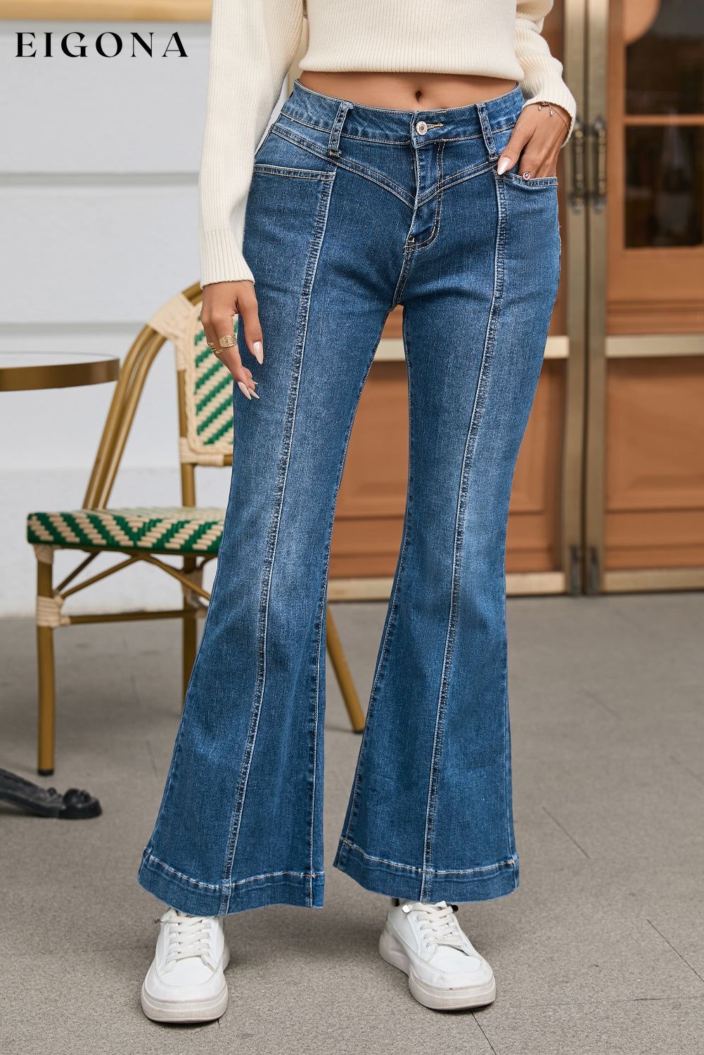 Blue High Waist Seam Stitching Pocket Flare Jeans All In Stock bottoms clothes Color Blue Craft Patchwork Early Fall Collection Hot picks jeans Occasion Daily Season Spring Silhouette Flare Style Western