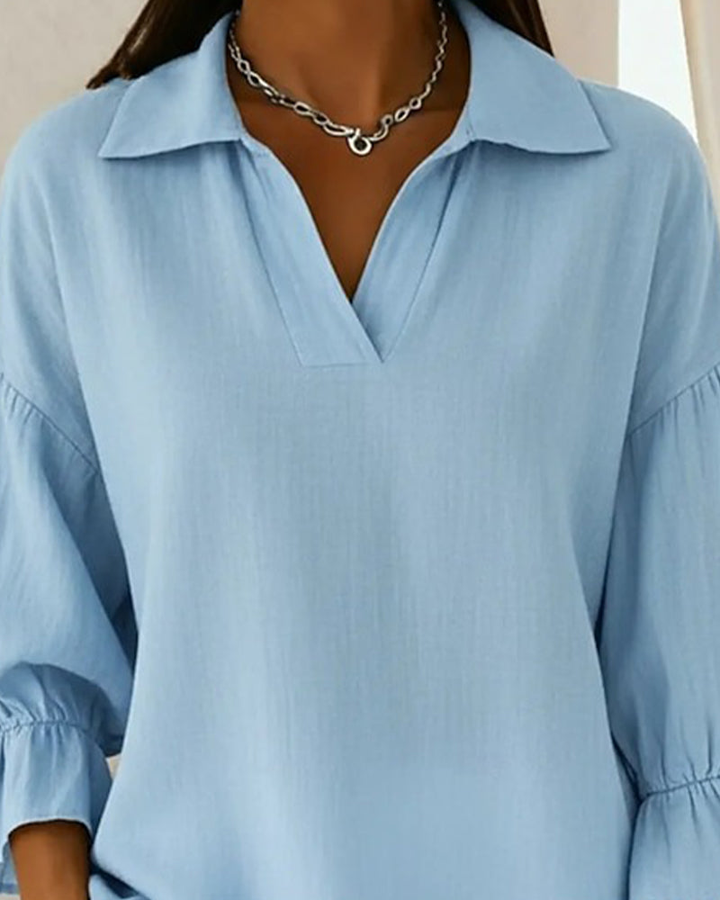 Turn-Down Collar Drop Shoulder Puff Sleeve Blouse