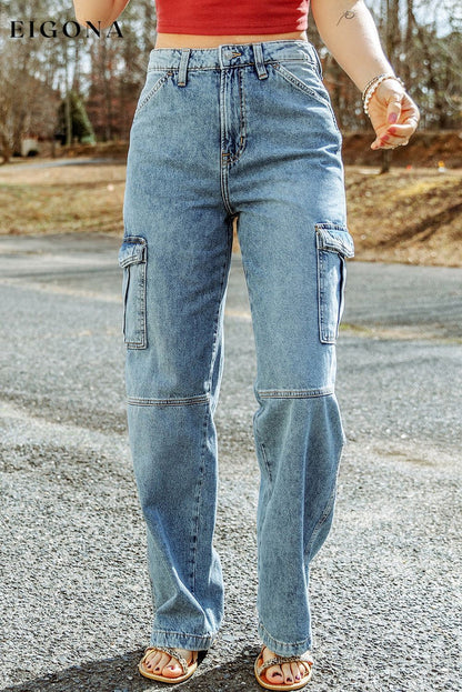 Sky Blue Cool Cargo Style Wide Leg Jeans All In Stock bottoms cargo pants clothes Color Blue DL Chic DL Exclusive Fabric Denim Jeans Occasion Daily pants Season Spring Silhouette Wide Leg Style Casual