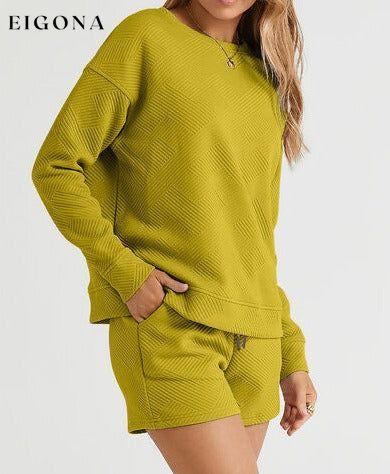 Double Take Full Size Texture Long Sleeve Top and Drawstring Shorts Set Clothes Double Take lounge lounge wear lounge wear sets loungewear loungewear sets sets Ship from USA